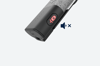 Close-up of a Clip presenter microphone with a textured grip. The microphone features a prominent red Mute button with a crossed-out microphone icon, indicating the mute function. An adjacent graphic symbol of a speaker with an "X" next to it further signifies the mute status.